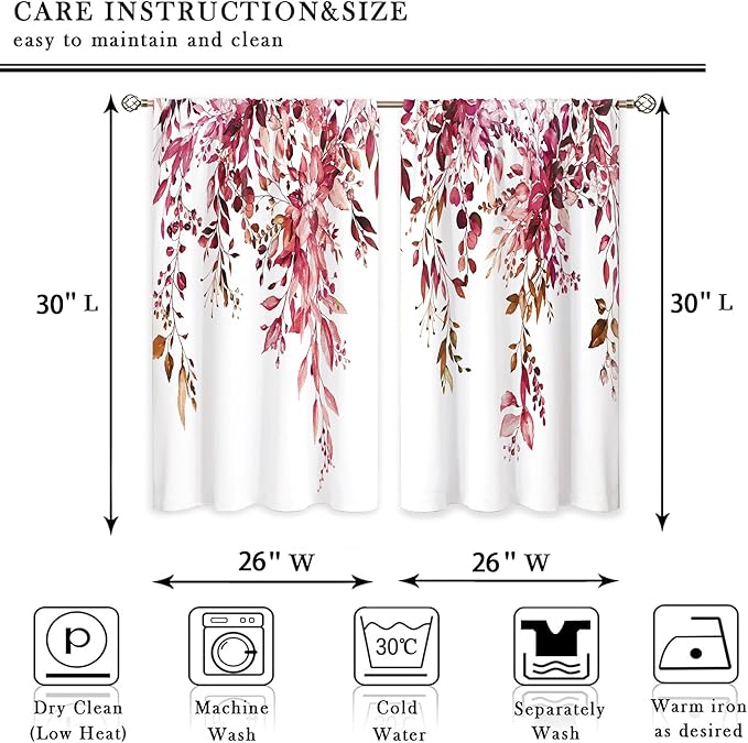 Burgundy Eucalyptus Small Kitchen Curtains Watercolor Red Leaves Window Treatment Flower Floral Plant Botanical Cafe Short Curtains for Bathroom Dining Fall Tier Treatment Drapes 26x30 inch