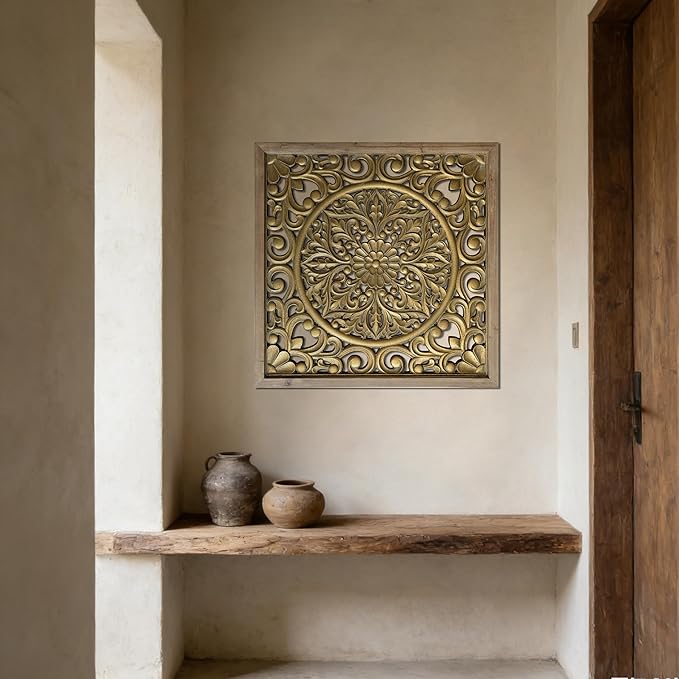 XIAOAIKA Boho Carved Wood Wall Sculpture, Intricate Floral Mandala Design with Distressed Gold Finish, Vintage Farmhouse Wall Art Panel with Solid Wood Frame for Bedroom Entryway (22.5" x 22.5")