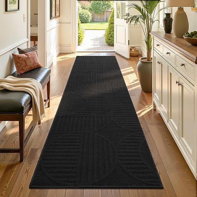 Findosom Washable Runner Rug 2x8, Geometric High-Low Textured Non Slip Hallway Runner Rug with Rubber Backing, Boho Carpet Runner for Kitchen, Bedroom, Laundry, Entryway, Bathroom, Black