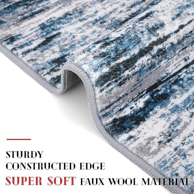 Lansny Modern Abstract Small Area Rug Indoor 3x5 Washable Rug Non-Slip Soft Entryway Rug Grey Blue White Kitchen Mats Thin Print Faux Wool Floor Carpet Throw Rugs for Entrance Bedroom Home Decor