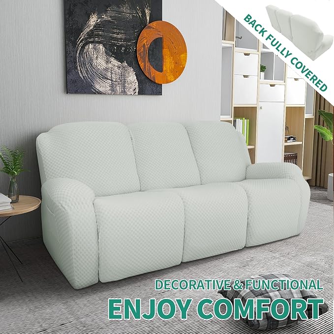 YEMYHOM 8 Pieces Stretch Recliner Sofa Cover Latest Jacquard Reclining Couch Cover with Side Pocket Anti-Slip Fitted 3 Cushion Furniture Slipcovers with Elastic Bottom (Sofa Recliner, Ivory)