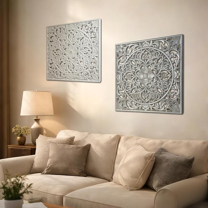 XIAOAIKA Boho Carved Wood Wall Sculpture, Intricate Floral Mandala Design with Distressed Silver Finish, Vintage Farmhouse Wall Art Panel with Solid Wood Frame for Bedroom Entryway (22" x 22")