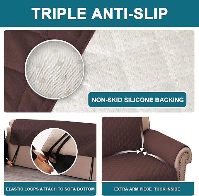 Turquoize 100% Waterproof Sofa Covers Couch Cover Sofa Cover for Dogs Couch Protector Triple Non-Slip Sofa Slipcover for 3 Cushion Couch Furniture Protector for Pets, Kids,Dog (XL Sofa 78", Brown)