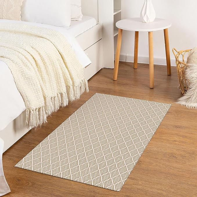 KOZYFLY Small Area Rug 2x3 Ft Washable Entryway Rug Non Slip Rubber Backed Throw Rugs Indoor Door Mat, Braided Cotton Floor Carpet for Front Entrance Front Door Sink Foyer, Tan/Beige