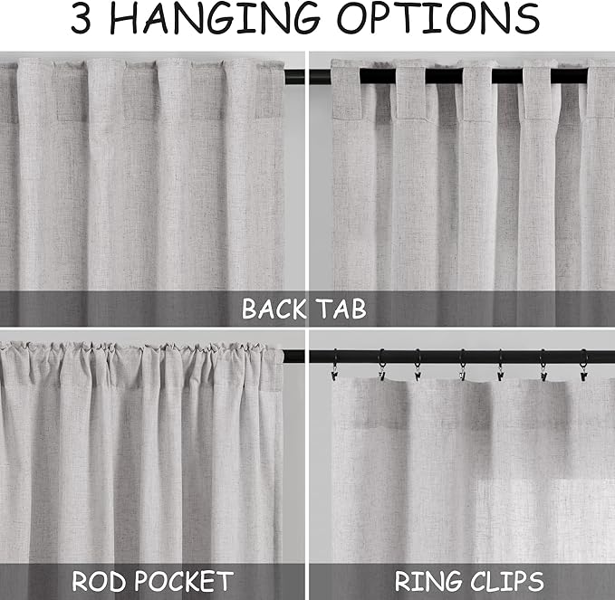 Nanspring Grey Linen Curtains 80 Inches Length for Living Room Back Tab Rod Pocket Semi Sheer Linen Drapes Muted Neutral Boho Grey Linen Textured Window Curtain for Dining Room Bedroom 52X80 Inch