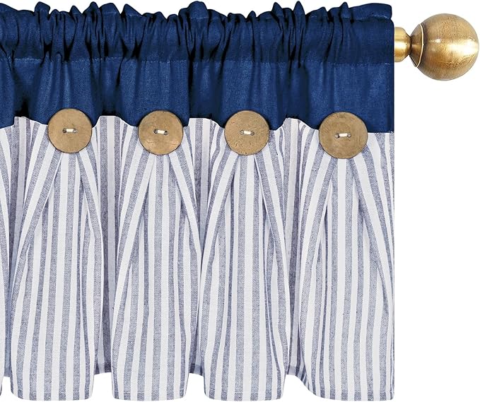 ASPMIZ Cotton Linen Kitchen Valance Curtains, Boho Rustic Button Valances for Windows Farmhouse Style, Blue Striped Valance Window Topper Treatment Tiers, Window Valances for Bathroom, 52 x 18 Inch