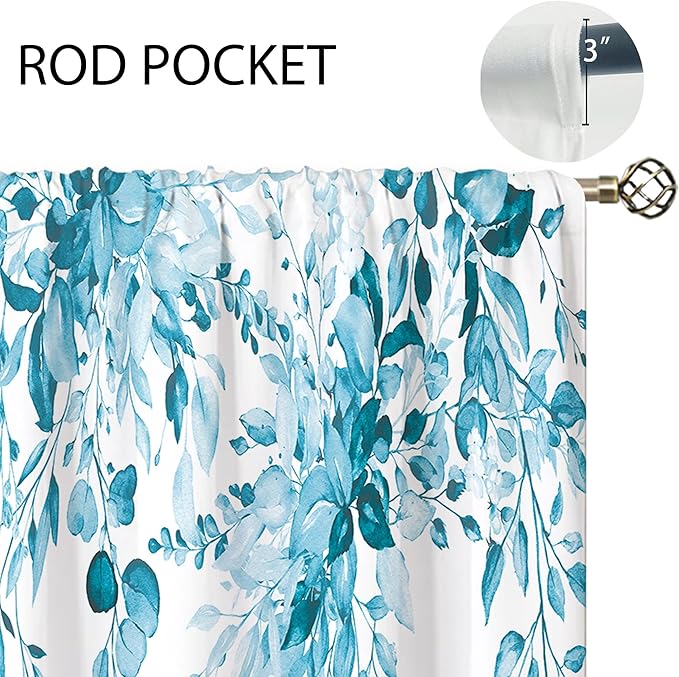 Blue Eucalyptus Botanical Leaves Floral Kitchen Window Curtains Over Sink Farmhouse Flower Spring Small Window Treatment Cafe Short Curtains for Bathroom Treatment Tier Drapes27.5x39 inch