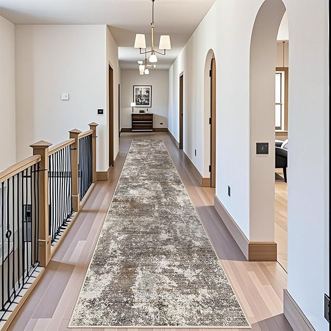 3x20 ft Extra Long Hallway Runner Rug - Non-Slip Washable Floor Runner with Rubber Backing, Modern Low Pile Thin Wide Carpet for Entryway, Kitchen, Living Room (Brown Beige, 3x20)