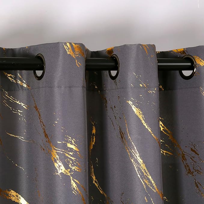 Taisier Home Gold Foil Print Linen Textured Curtains Geometric Marble Pattern Design Curtains for Dollhouse Light Filtering Window Treatment 2 Panels 63" L,Soft Grey and Gold Print