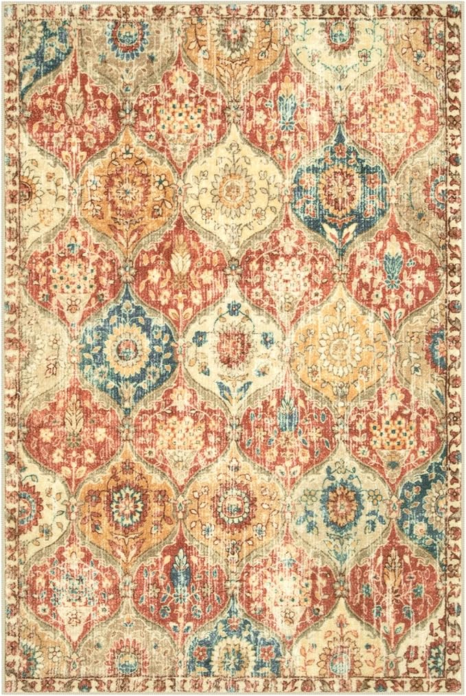Lahome Moroccan Machine Washable Rugs for Living Room, 4x6 Rug for Bedroom Non-Slip Vintage Trellis Ultra-Thin Throw Carpet for Dining Room Office Nursery Elise, Red/Orange