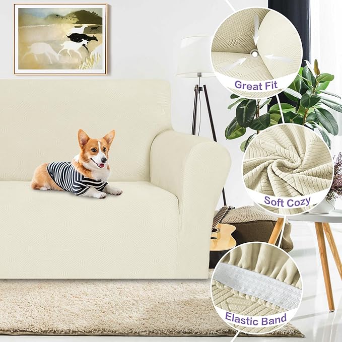 ZNSAYOTX Super Stretch Loveseat Covers (57"-70"), New Striped Love Seat Slipcover, Dogs Pet Friendly Anti-Slip Couch Protector Spandex Durable 2 Seater Fabric Sofa Cover (Beige, Loveseat)
