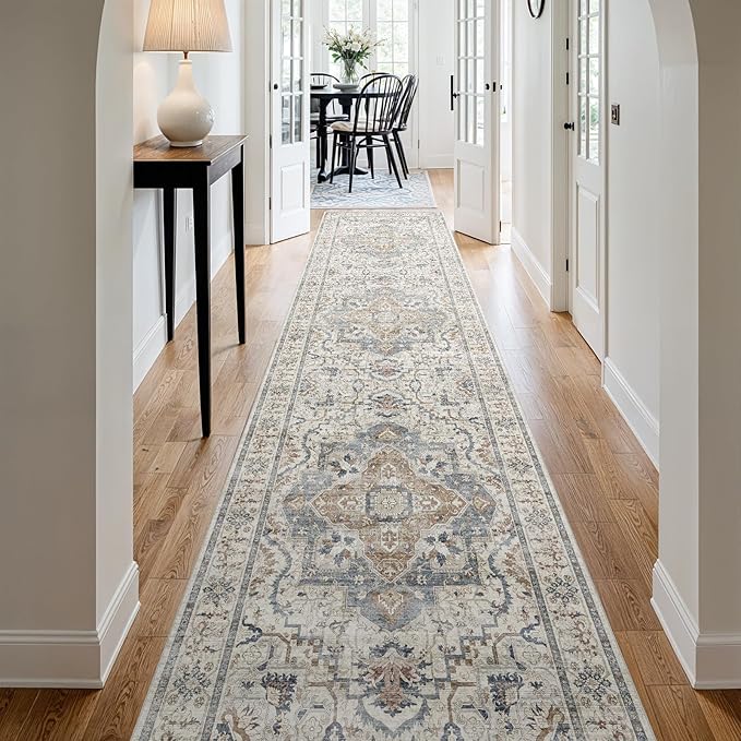 3x12 Runner Rug for Hallway, Non-Slip Long Washable Rug, Soft Thin Vintage Floor Mat for Kitchen, Bathroom, Bedroom, Entryway, Dining Room (Beige/Blue 3'x12')