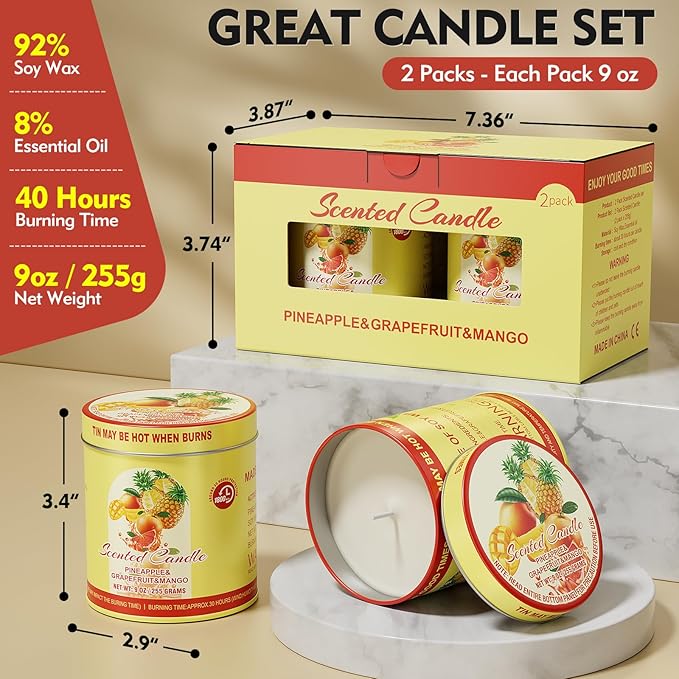 2 Pack Scented Candles (90 Total Burn Hours) - Soy Wax Candles 9 oz Each in Tin - Long Lasting Aromatherapy Candle Gift Set (Pineapple Grapefruit Mango)