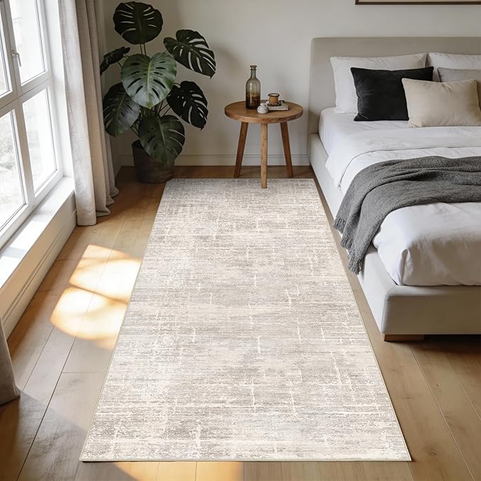 3x6 Washable Kitchen Runner Rug - Modern Abstract Neutral Carpet with Non-Slip Backing Low-Pile Stain-Resistant Thin Runners for Hallway Bathroom Bedroom Entryway (3x6, Beige)