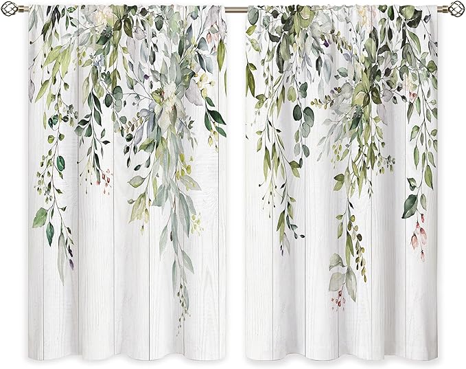 Wooden Sage Green Eucalyptus Leaves Window Curtains Flower Floral Botanical Plant Wildflower Farmhouse Curtain Drapes Herb Curtains for Bedroom Living Room Treatment 2 Panels 42Wx45H Inch