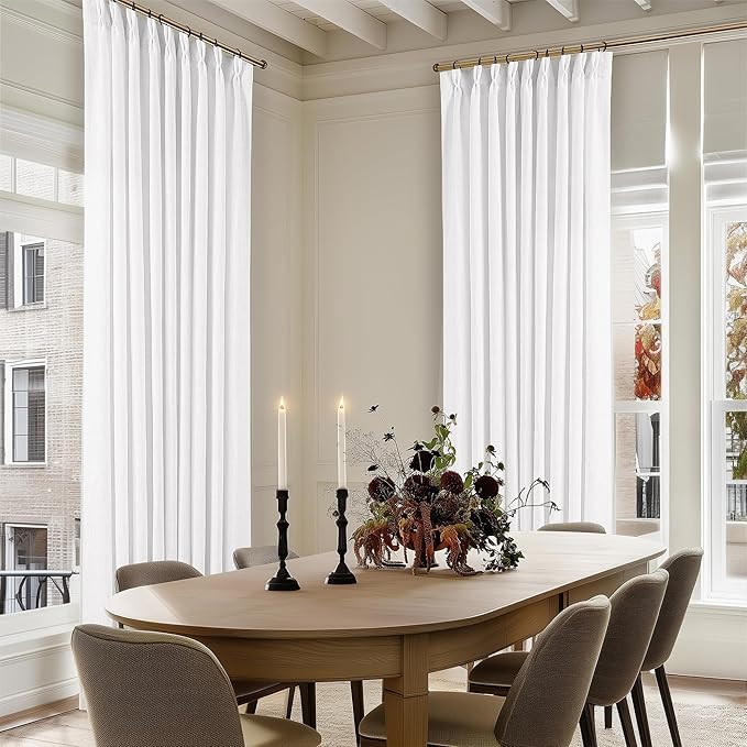 TWODRAPES 60 Inch Width Curtains 90 Inches Long Linen Curtains Pinch Pleated 90 Inch Length for Living Room Bedroom White Semi Sheer Back Tab Hooks Rings Pinch Pleat for Patio Glass Door 1 Panel