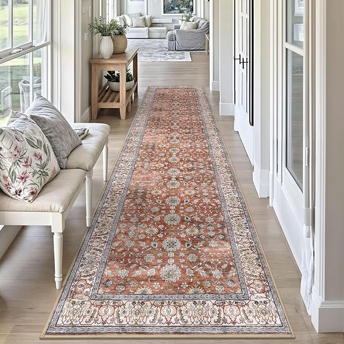 KUTA Vintage Washable Runner Rug, 2.6x10 Red Clay Runners for Hallways Non-Slip Kitchen Rugs Ultra Thin Soft Printed Distressed Oriental Floral Floor Carpet for Laundry Bedroom Living Room Nursery