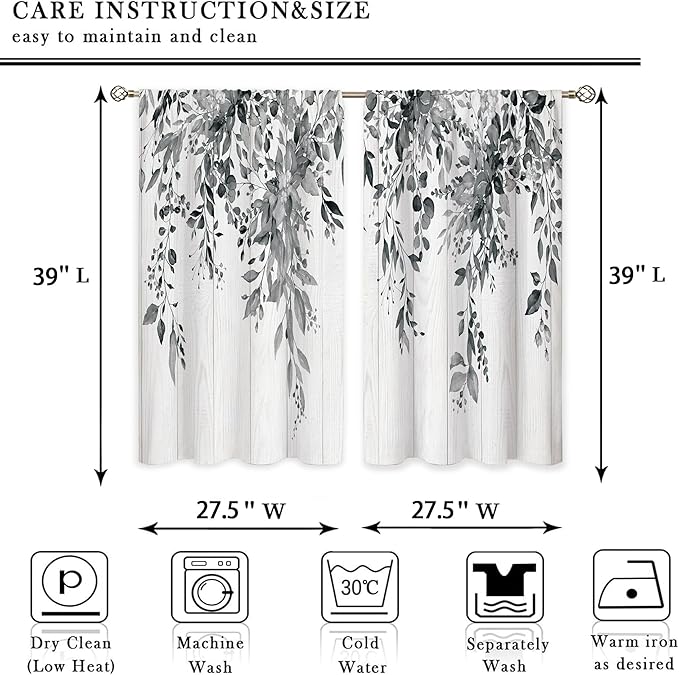 Farmhouse Grey Eucalyptus Small Kitchen Curtains Leaves Window Treatment Black White Wooden Cafe Short Curtains for Bathroom Dining Laundry Room Botanical Tier Treatment Drapes 27.5x39 inch