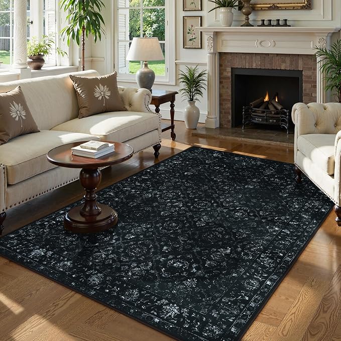 Hedlive Vintage Black Rug for Bedroom, Non Slip Washable Area Rugs 5x7 for Living Room, Ultra-Thin Soft Boho Bedroom Rug for Dining Room Office (5'x7', Black)