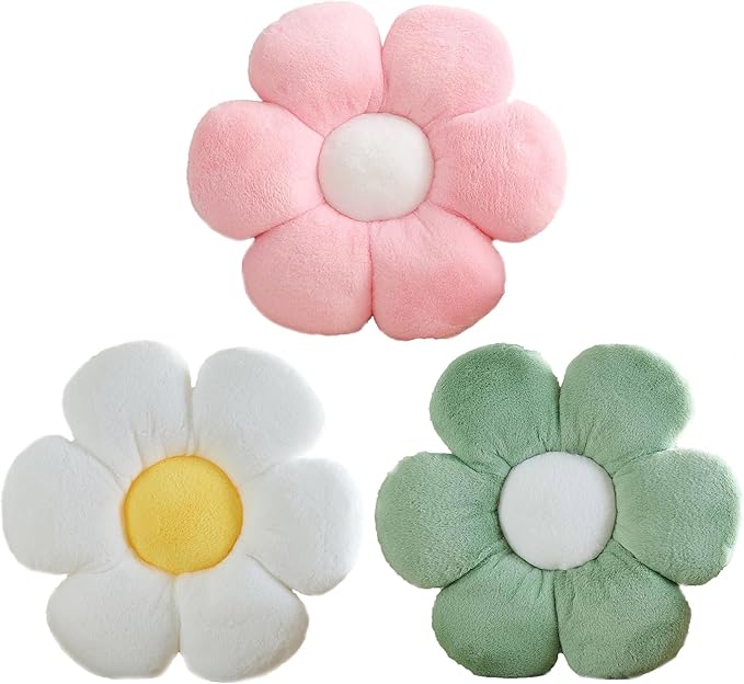 CANGHI 3 PCS Flower Pillows Flower Shaped Throw Pillow Cute Daisy Pillows Seating Cushions for Adults Kids Home Bedroom Sofa Chair Couch Decor (White/Pink/Green, 15.74 inch)