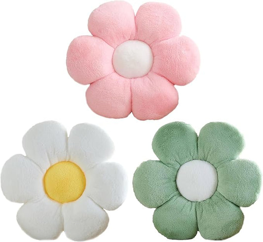 CANGHI 3 PCS Flower Pillows Flower Shaped Throw Pillow Cute Daisy Pillows Seating Cushions for Adults Kids Home Bedroom Sofa Chair Couch Decor (White/Pink/Green, 15.74 inch)