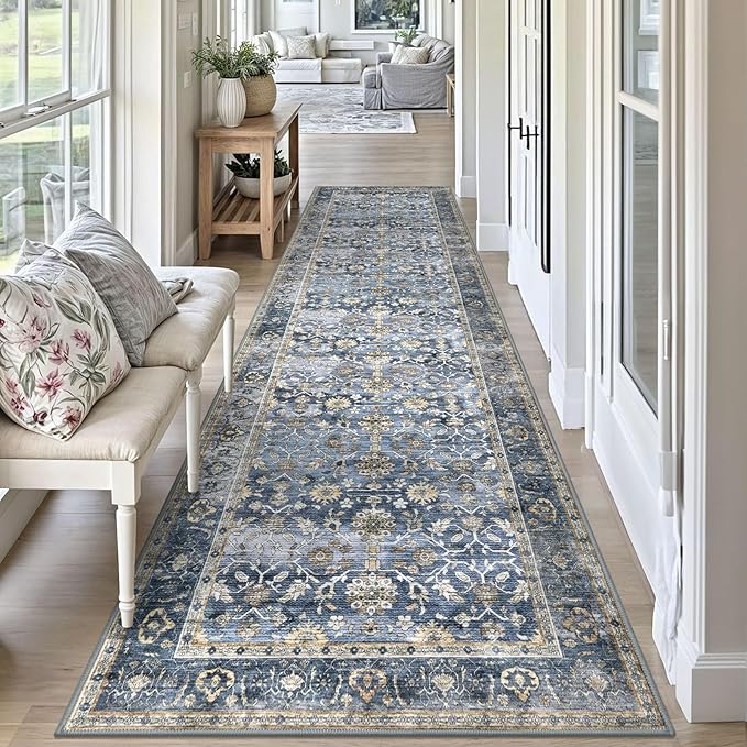 KUTA Vintage Wide Runners for Hallways 3x10 ft Blue Grey Beige Washable Kitchen Runner Non Slip Long Hall Runners Entryway Runner Rugs Floor Carpet for Indoor Backdoor Bedroom Kitchen