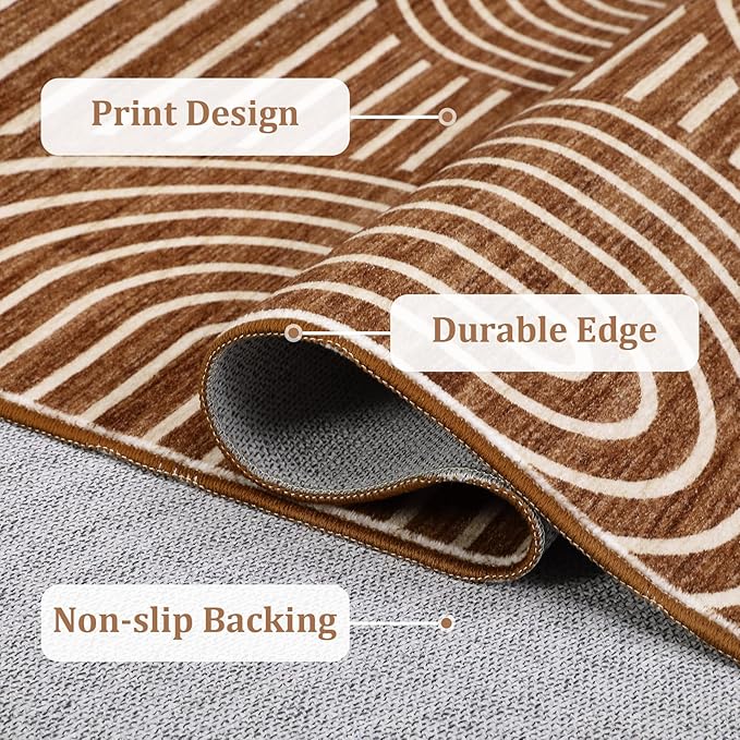 ROYHOME Washable Rug 8x10 Area Rugs for Living Room, Abstract Rug for Bedroom, Soft Rainbow Non Slip Throw Rugs With Rubber Back, Low Pile Stain Resistant Boho Geometric Carpet for Dining Room, Copper