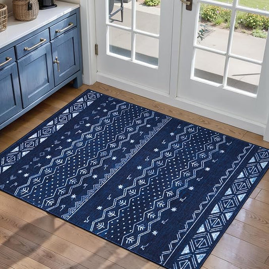SERISSA 2x3 Rugs for Entryway, Washable Non-Slip Blue and White Small Area Rug, Soft Low-Pile Boho Geometric Indoor Entry Rug Door Mat Indoor Entrance Front Door Carpet for Bathroom Kitchen Bedroom