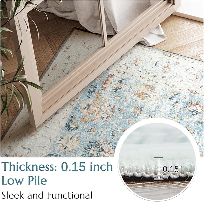 jinchan Hallway Runner Rug 3x10 - Vintage Kitchen Rug Washable Runner Floral Boho Floor Cover Lightweight Non Slip Thin Retro Distressed Carpet for Bathroom Laundry Room Bedroom Stairway Light Blue