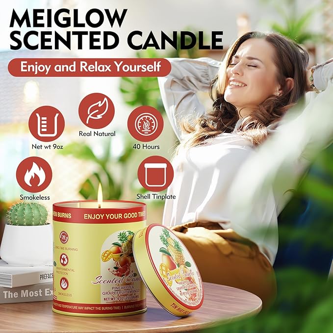 2 Pack Scented Candles (90 Total Burn Hours) - Soy Wax Candles 9 oz Each in Tin - Long Lasting Aromatherapy Candle Gift Set (Pineapple Grapefruit Mango)