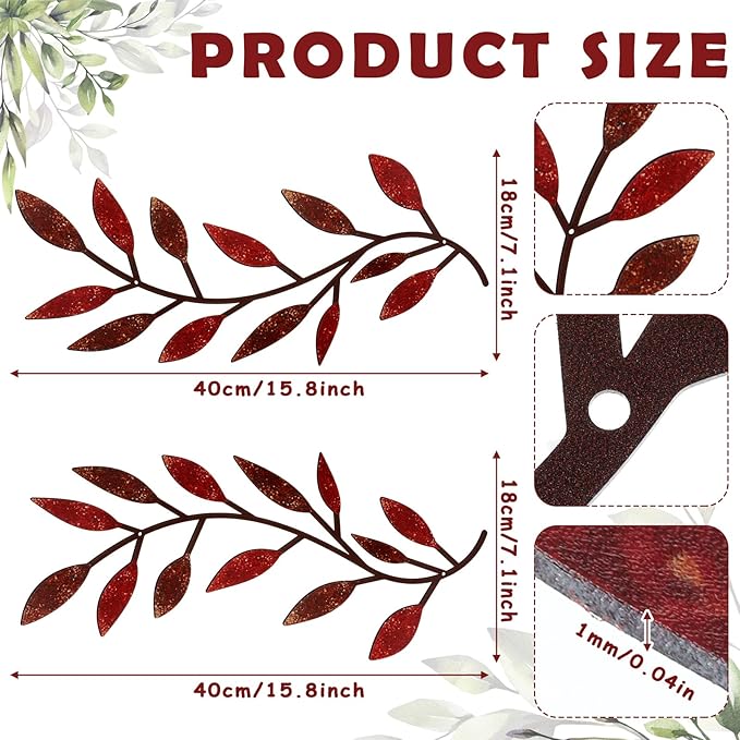 Zhengmy 2 Pieces Metal Tree Leaf Wall Decor Vine Olive Branch Leaf Wall Art Living Room, Hallway Wall Decor Outdoor Decoration(Autumn Color)