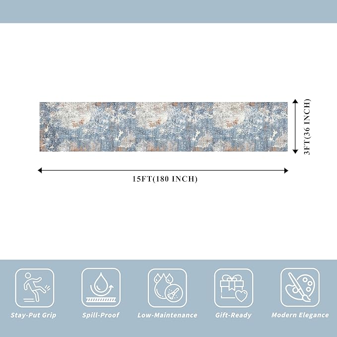 3x15 Ft Long Hallway Runner Rug – Non-Slip Washable Kitchen Floor Rug with Rubber Backing, Modern Low Pile Thin Wide Carpet Runners for Bedroom, Entryway Indoor (Blue Rust,3x15)