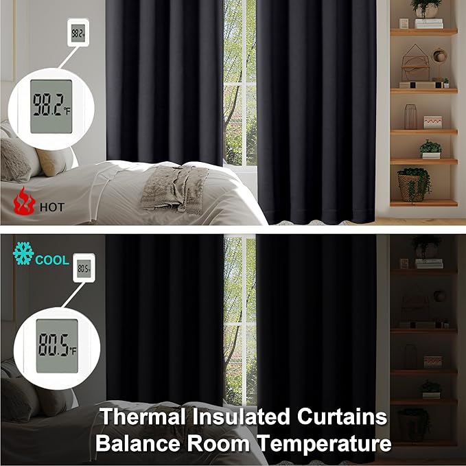 Simplebrand Ava Black Short 24 Inches Blackout Curtain 2 Panels Set, Half Window Rod Pocket Privacy Curtain Tiers for Kitchen, Curtains Blackout for Bathroom Shades, W30 x L24 Inch, Black