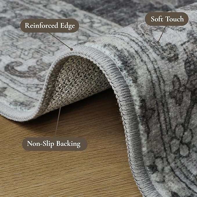 GENIMO Runner Rug for Hallways Machine Washable, 2'6''x10 Non Slip Boho Vintage Lightweight Washable Runners, Thin Floor Rugs for Entryway Hallway Bathroom Laundry Room Corridor, Charcoal