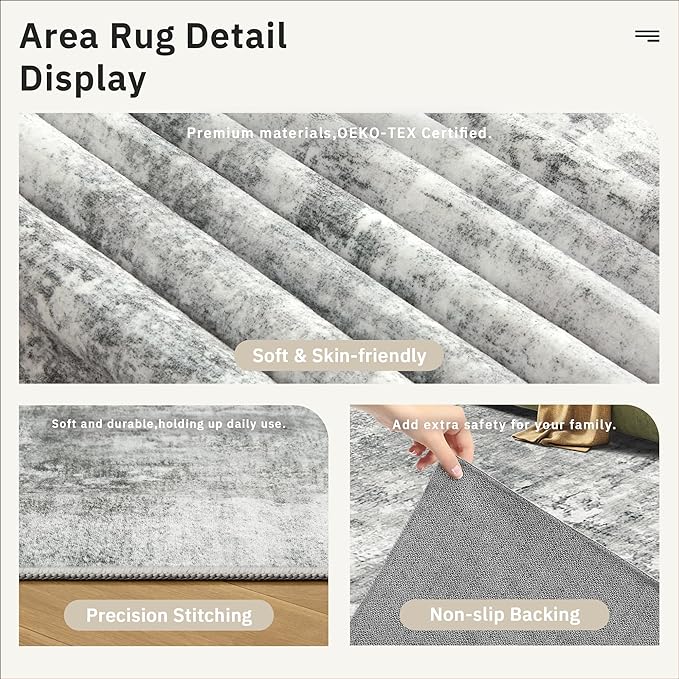 Soalmost Abstract Rug 5x7 Machine Washable Area Indoor Grey White Low Pile Non-Slip Foldable Thin Accent Rugs for Bedroom Living Room Dining Room