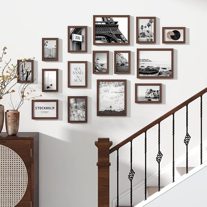 15 Pack Picture Frames Collage Wall Decor, Gallery Frame Set for Wall Mounting or Tabletop Display, Multi Sizes Including 3pcs 8x10, 6pcs 5x7, 6pcs 4x6, Walnut