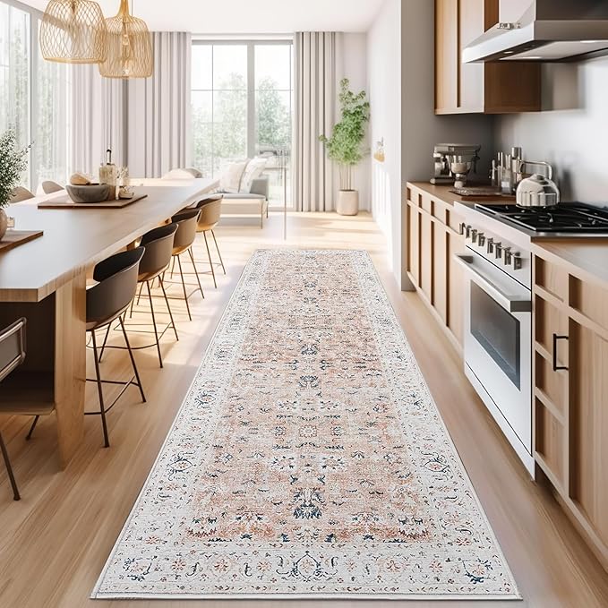 jinchan Hallway Runner Rug 3x8 - Vintage Kitchen Rug Washable Runner Floral Boho Floor Cover Lightweight Non Slip Thin Retro Distressed Carpet for Bathroom Laundry Room Bedroom Stairway Pink Blush