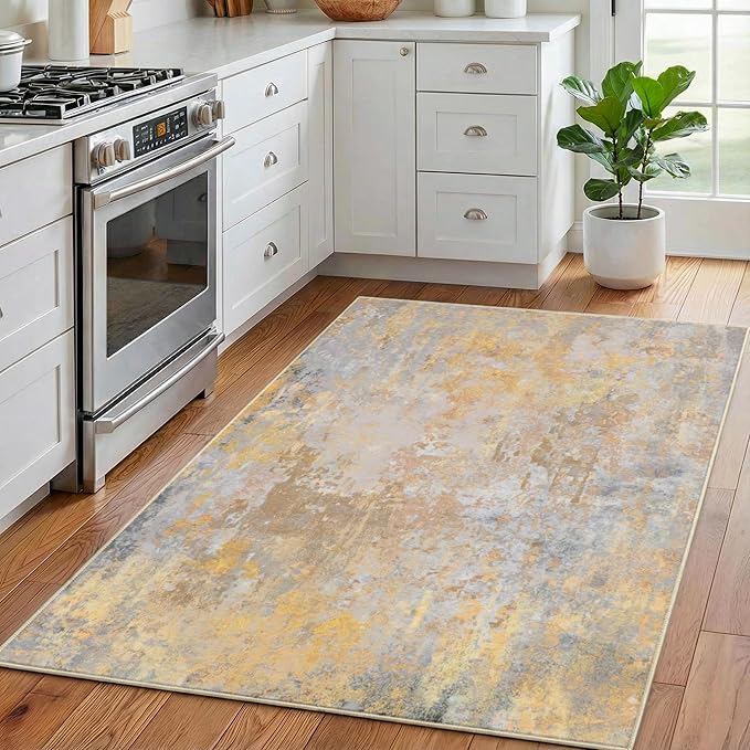 Beige Gold Entryway Rug 3x5 Door Mat Indoor Entrance 36x60, Washable Small Throw Rugs for Kitchen Floor, Entry, Front Door, Bedroom Bedside, Non-Slip Low Pile Stain & Fade Resistant, Abstract