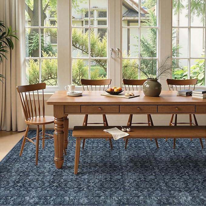 Hedlive Vintage Blue Rugs for Living Room, Ultra-Thin Washable Rugs 8x10 Area Rugs for Bedroom Non Slip, Stain Resistant Vintage Carpet Rug for Dining Room High Traffic Area (8'x10', Blue)