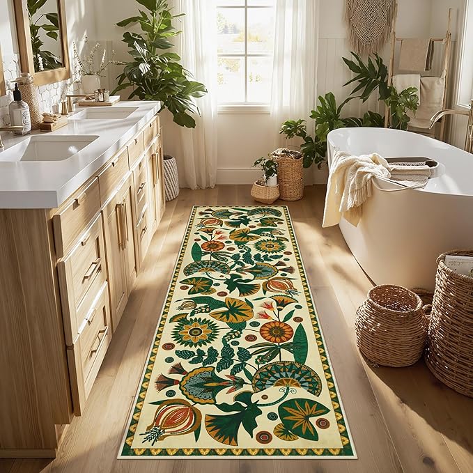 Joydeco Egypt Floral Washable Runner Rug for Hallway Entryway, Boho 2x8 Beige Bathroom Kitchen Runner Rugs Non Skid Washable, Vintage Non Slip Throw Carpet for Laundry Room Entrance