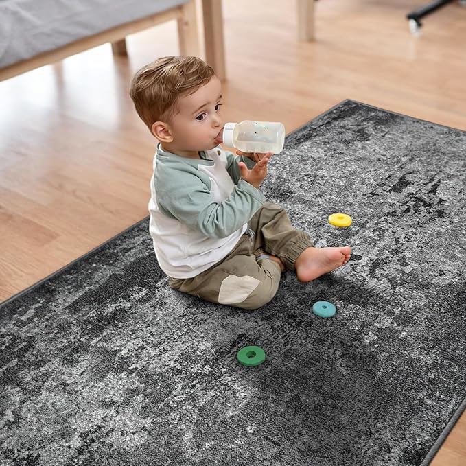 2.6x12 Black Rug Runners for Hallways Kitchen Runner Rug Non Slip Washable Black Long Runner Rugs with Rubber Backing Soft Abstract Carpet Runner for Bedroom, Kitchen, Bathroom, Entryway