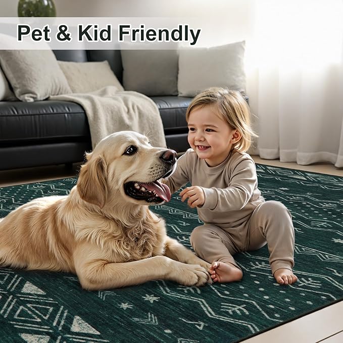 SERISSA Hallway Runner Rug, 2'6"x8' Washable Non-Slip Dark Green Boho Rug, Soft Low-Pile Geometric Indoor Long Carpet for Kitchen Laundry Room Bathroom Bedroom Entryway