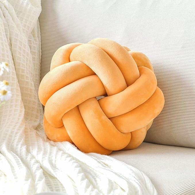 Knot Pillow Ball, Soft Decorative Throw Cushion, 11 Inch Round Plush Knotted Pillow Dark Yellow, Modern Home Decor Cushion for Bedroom, Sofa, Couch