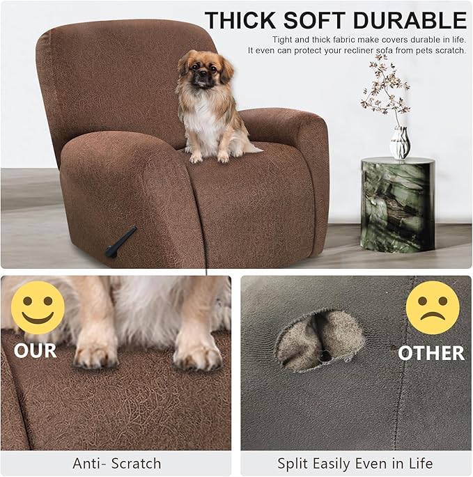 ANARACHON Recliner Chair Covers Leather Look, 4 Pieces Recliner Covers Non Slip, Soft Slipcovers for Large Recliners, Furniture Protector Washable for Pets (1 Seater, 05 Brown)