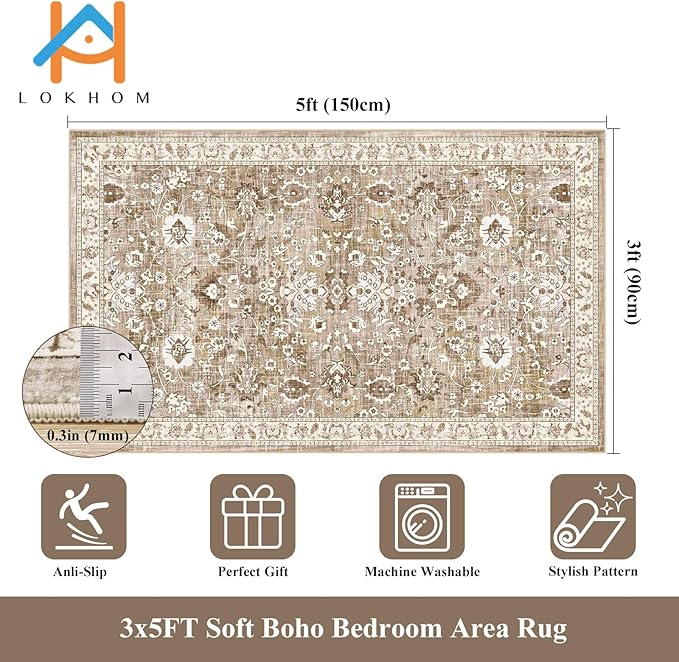 LOKHOM Washable Area Rug, 3x5 Non-Slip Kitchen Area Mat Vintage Living Room Rug with Rubber Backing, Boho Floral Faux Wool Farmhouse Bedroom Area Carpet for Bedroom Kitchen Laundry(Beige Brown)