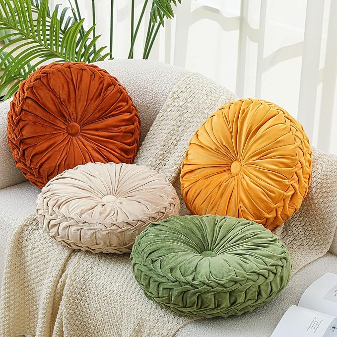 Drydiet 4 Pcs Round Throw Velvet Pillows Decorative Pleated Throw Pillows 15'' Diameter Accent Pumpkin Boho Chair Cushion for Couch Sofa Home Decoration (Fall Color)
