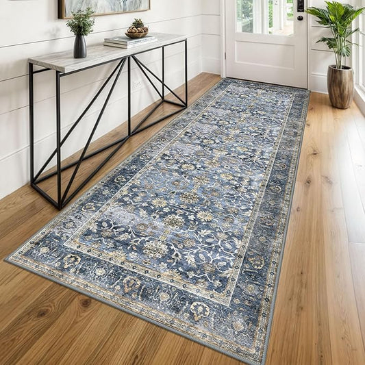 KUTA Vintage Wide Runners for Hallways 3x8 ft Blue Grey Beige Washable Kitchen Runner Non Slip Rubber Backed Hall Runners Entryway Runner Rugs Floor Carpet for Indoor Backdoor Bedroom Kitchen