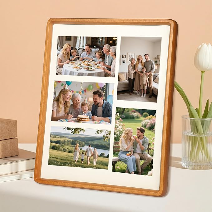 11x14 Collage Picture Frame Teak Wood, Multiple Five 4x6 Photos or 11x14 without Mat, Rustic Photo Frame with Tempered Glass Hanging Displaying Horizontally or Vertically