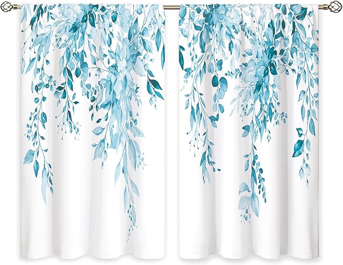 Blue Eucalyptus Botanical Leaves Floral Kitchen Window Curtains Over Sink Farmhouse Flower Spring Small Window Treatment Cafe Short Curtains for Bathroom Treatment Tier Drapes 26x36 inch