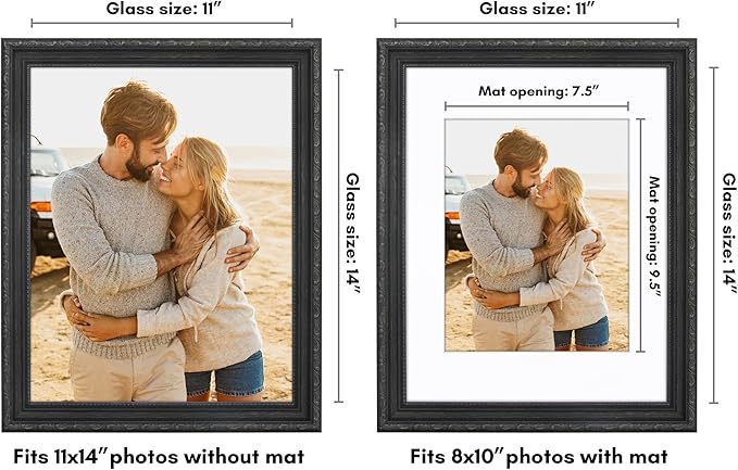 Americanflat 11x14 Picture Frame with Shatter-Resistant Glass - Use as 8x10 Frame with Mat or Display 11x14 Photo Without Mat - Ornate Picture Frames for Wall Display - Black